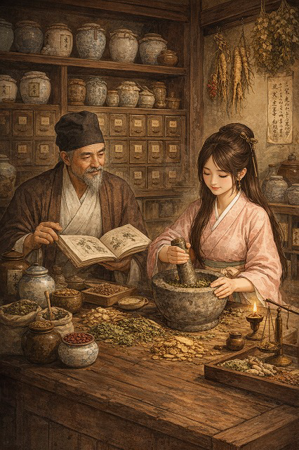 薬草を作っている師匠と若い女の弟子